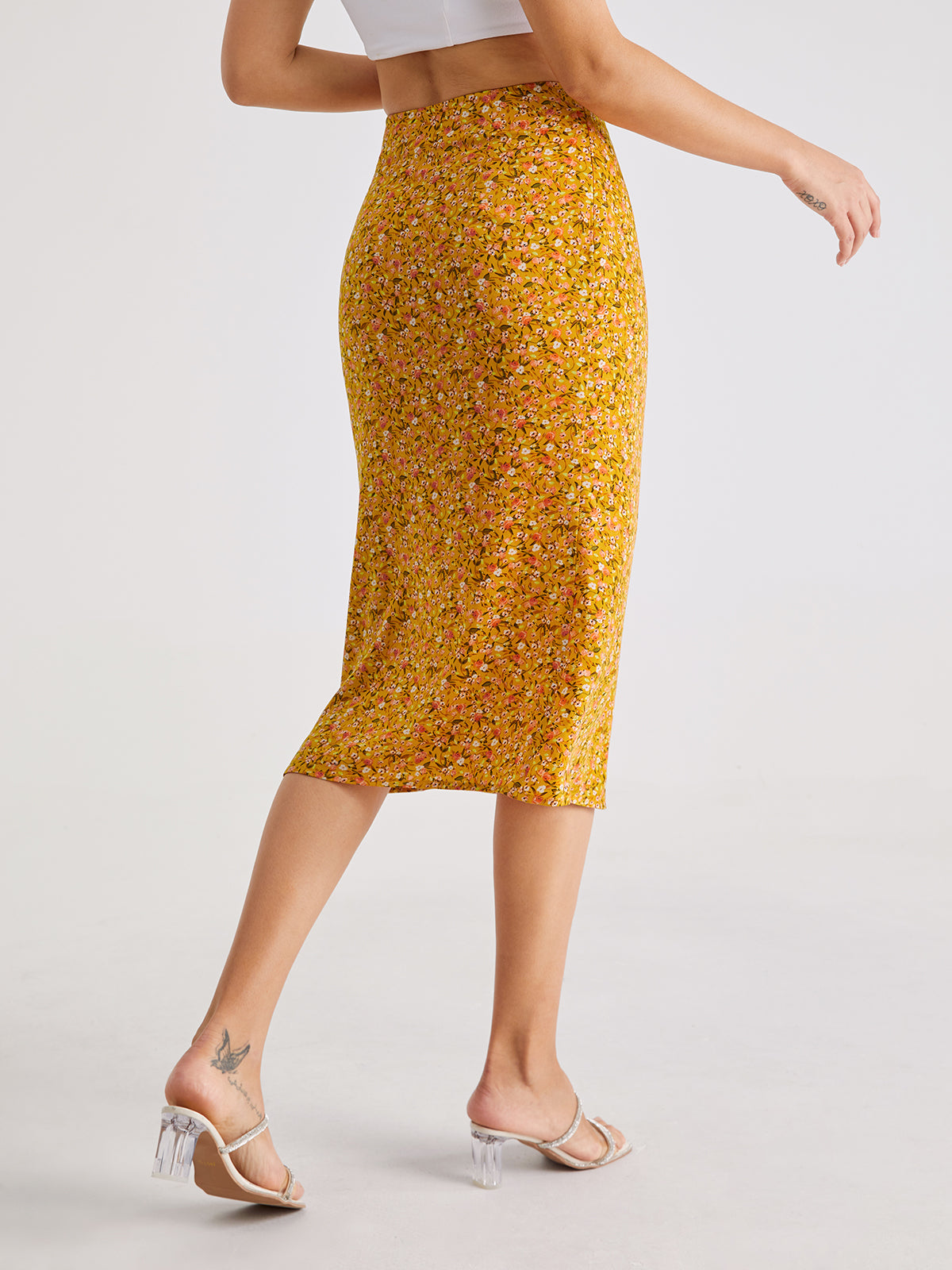 High Waisted Floral Mosaic Midi Skirt