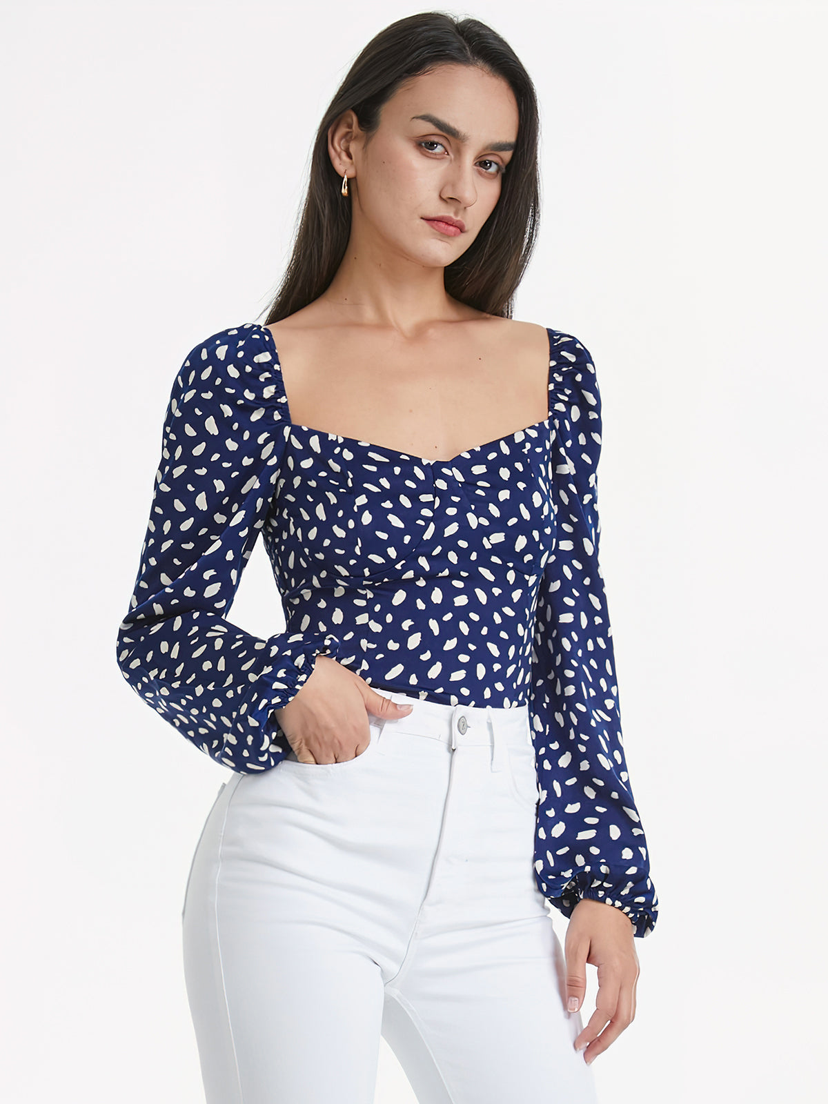 Sweetheart Contour Long Puff Sleeve Printed Top