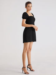 Short Puff Sleeve Dress With Mesh Overlay