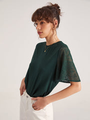 Emerald Green Contrast Lace Flutter Sleeve T-Shirt