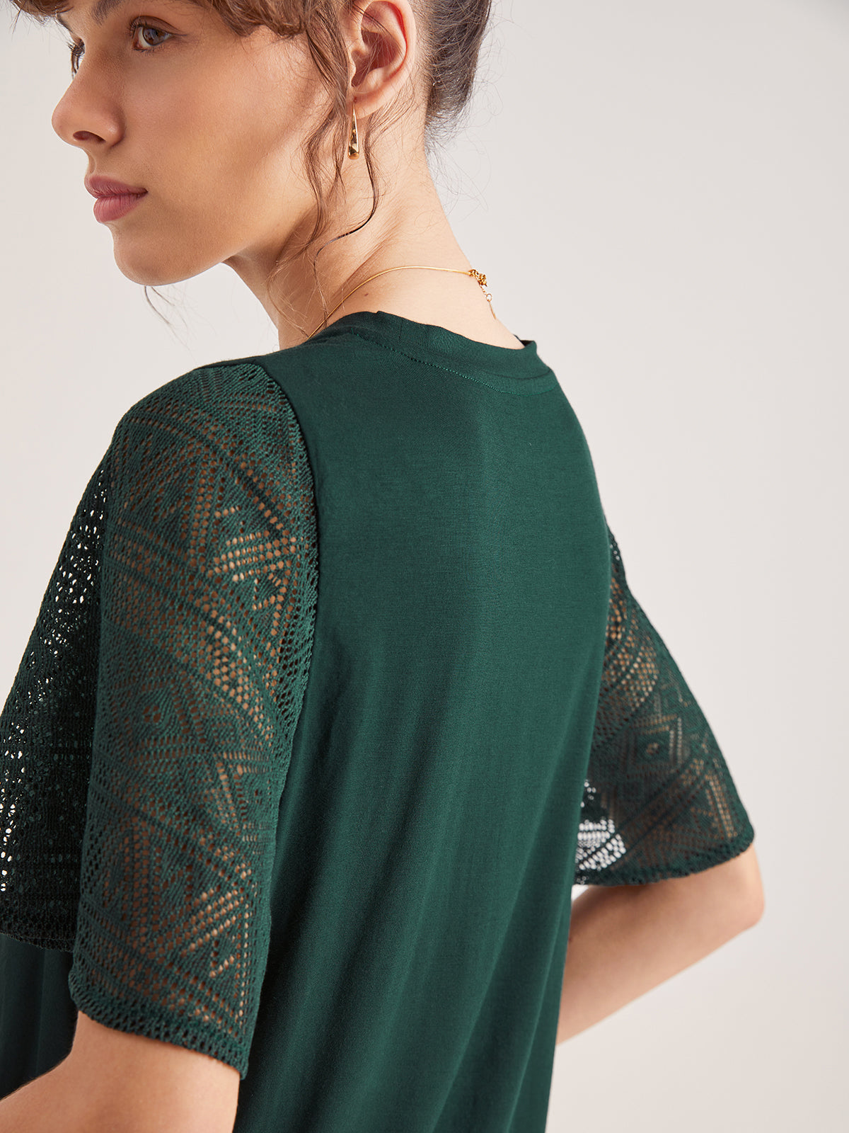 Emerald Green Contrast Lace Flutter Sleeve T-Shirt