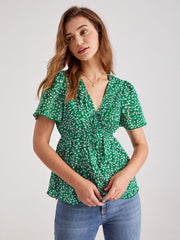 V-Neck Floral Ruche Short Sleeve Top