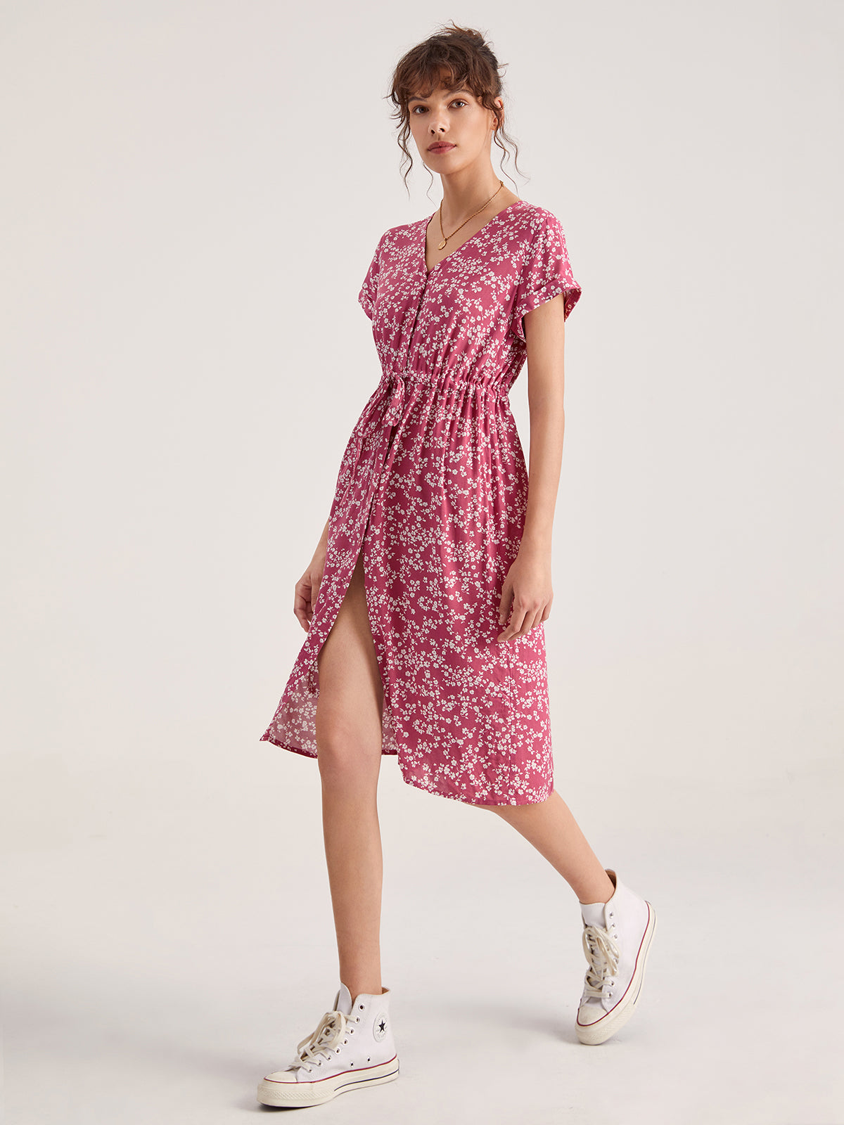 Cap Sleeve V-Neck Floral Tie Front Button Through Dress