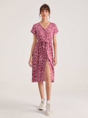 Cap Sleeve V-Neck Floral Tie Front Button Through Dress