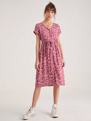 Cap Sleeve V-Neck Floral Tie Front Button Through Dress