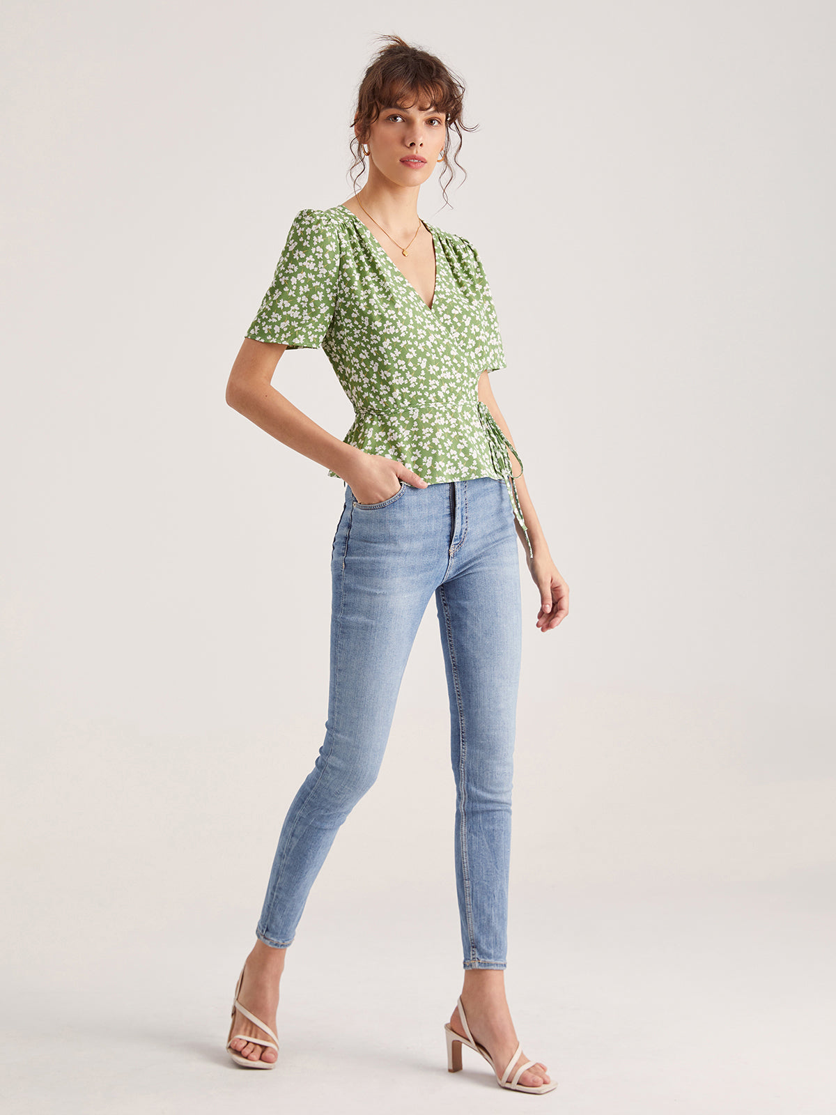 Floral Shoulder Pleat Wrap Top