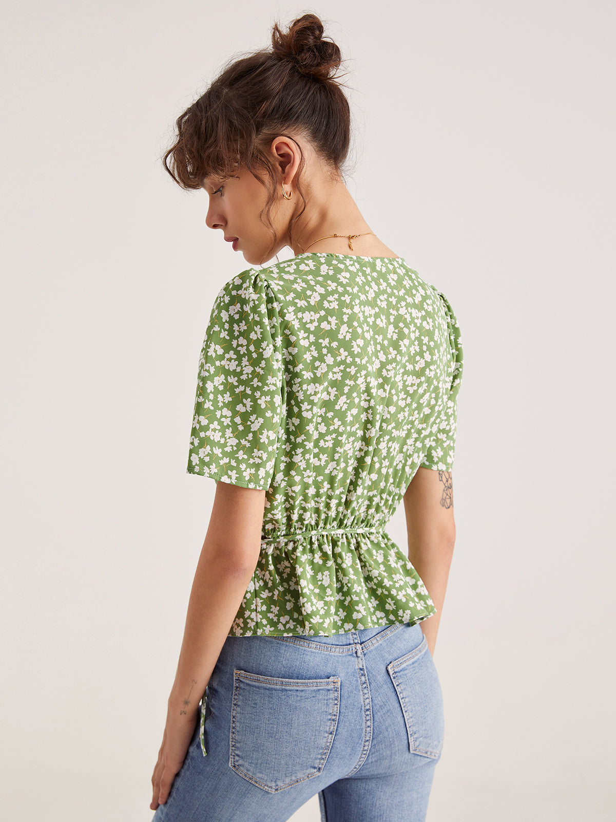 Floral Shoulder Pleat Wrap Top