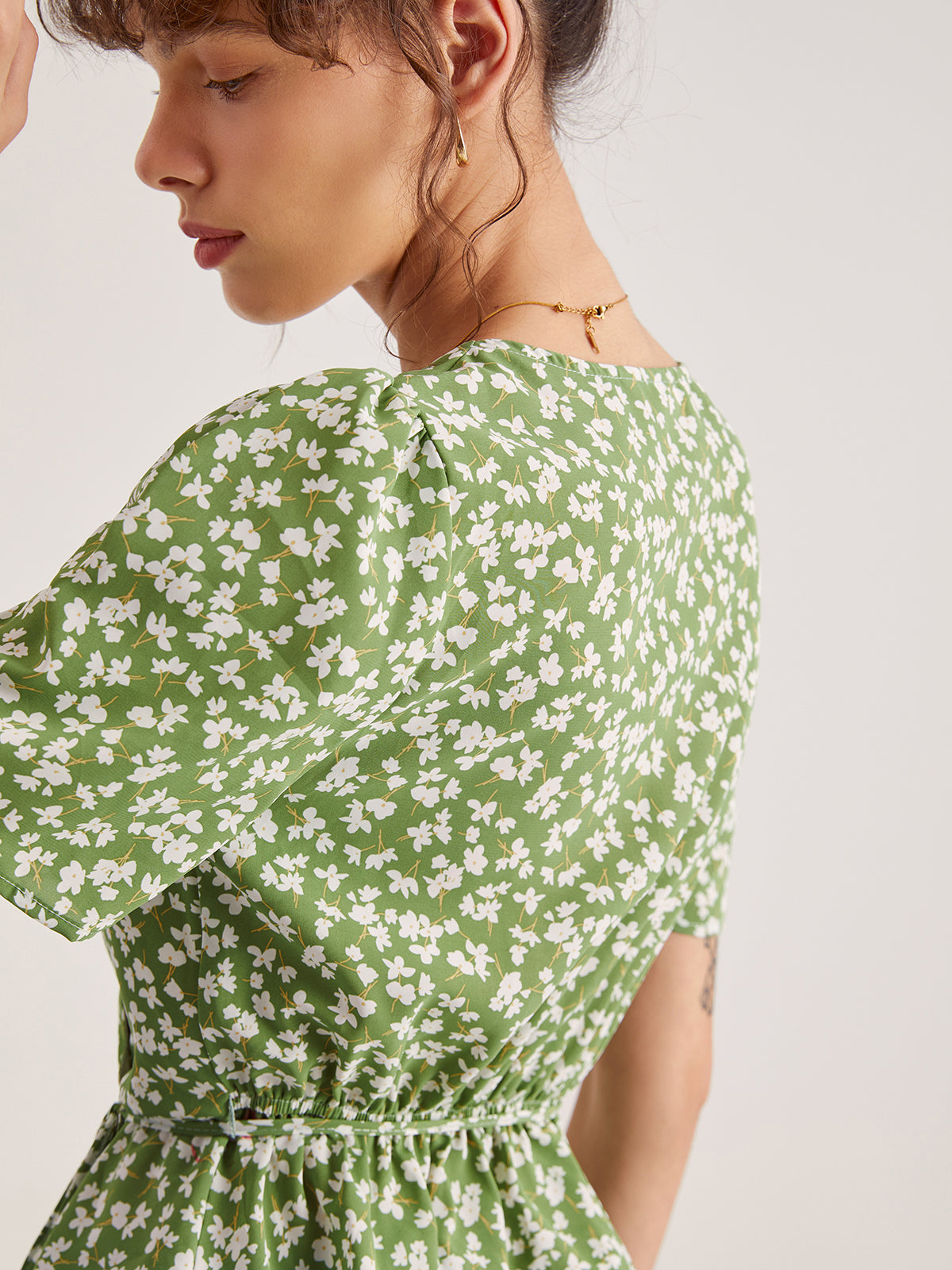 Floral Shoulder Pleat Wrap Top