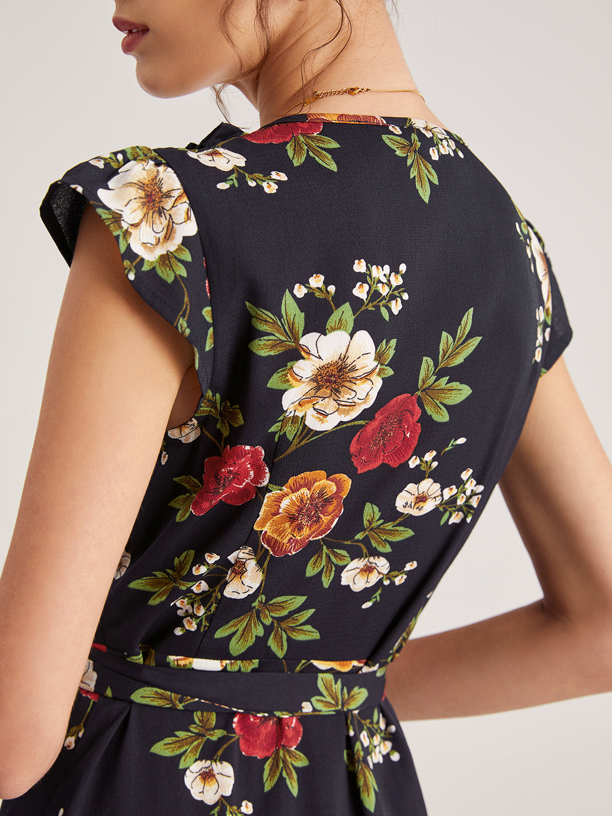 Contrast Floral Print V-Neck Cap Sleeve Slit Dress