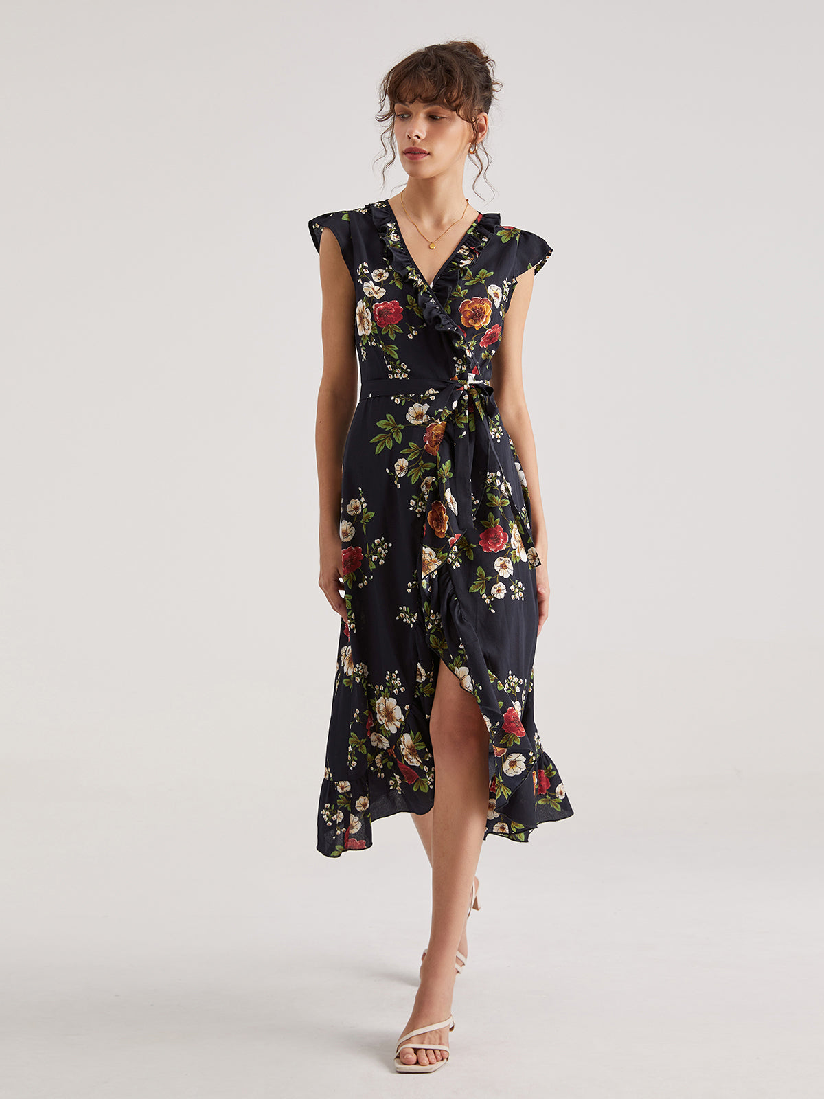 Contrast Floral Print V-Neck Cap Sleeve Slit Dress