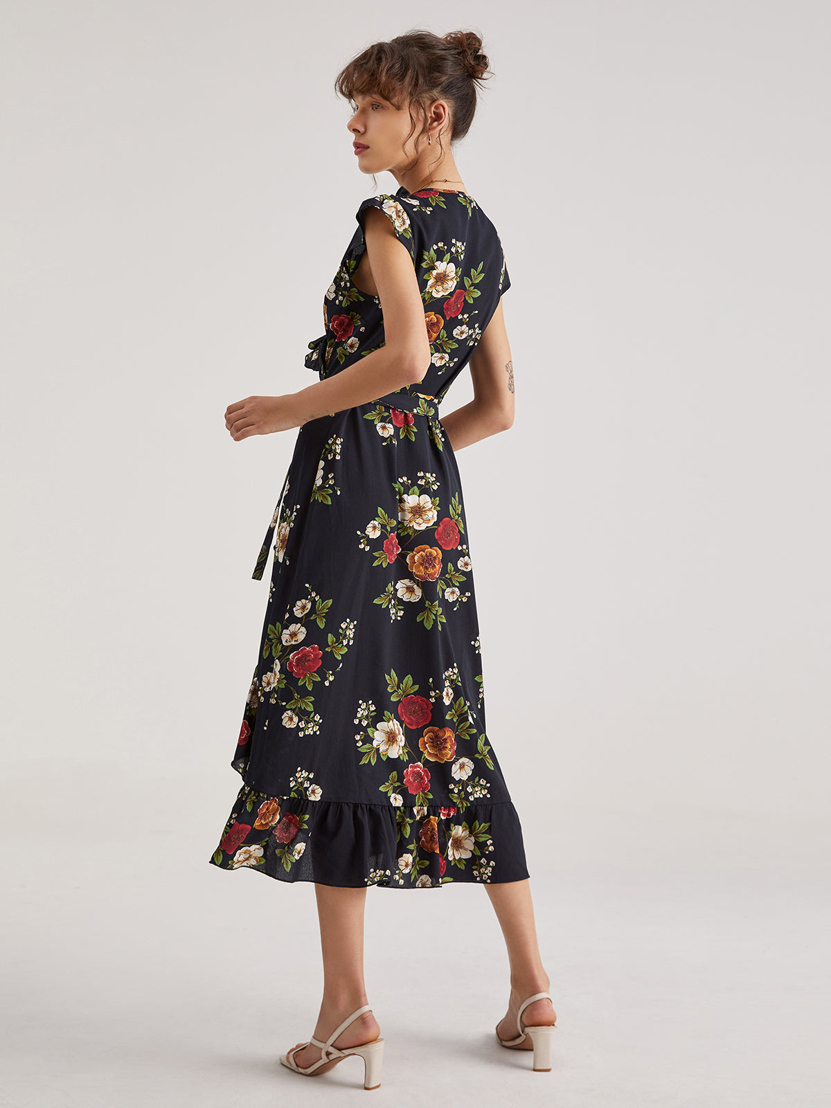 Contrast Floral Print V-Neck Cap Sleeve Slit Dress