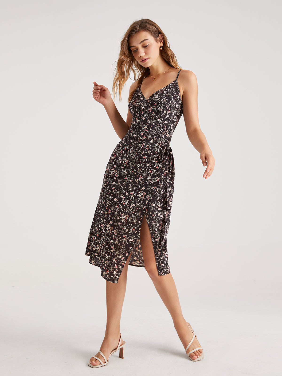 V-Neck Pattern Side Tie Midi Dress