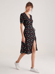 Floral Side Tie Thigh Split Midi Dress