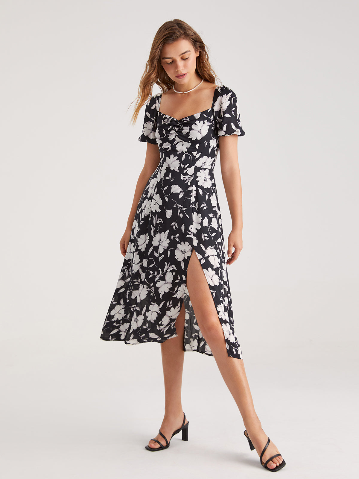 Short Puff Sleeve Square Neck Midi Slit Dress