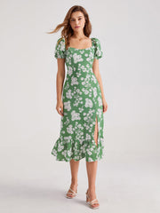 Puff Sleeve Floral Ruffle Midi Dress