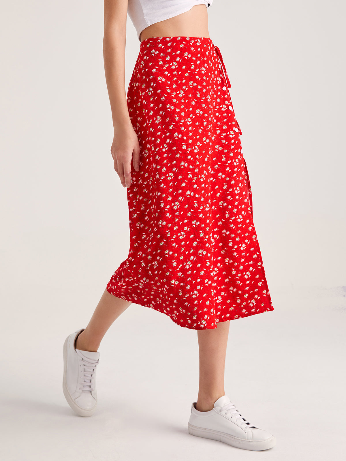 Sweetheart Floral Button Split Midi Skirt