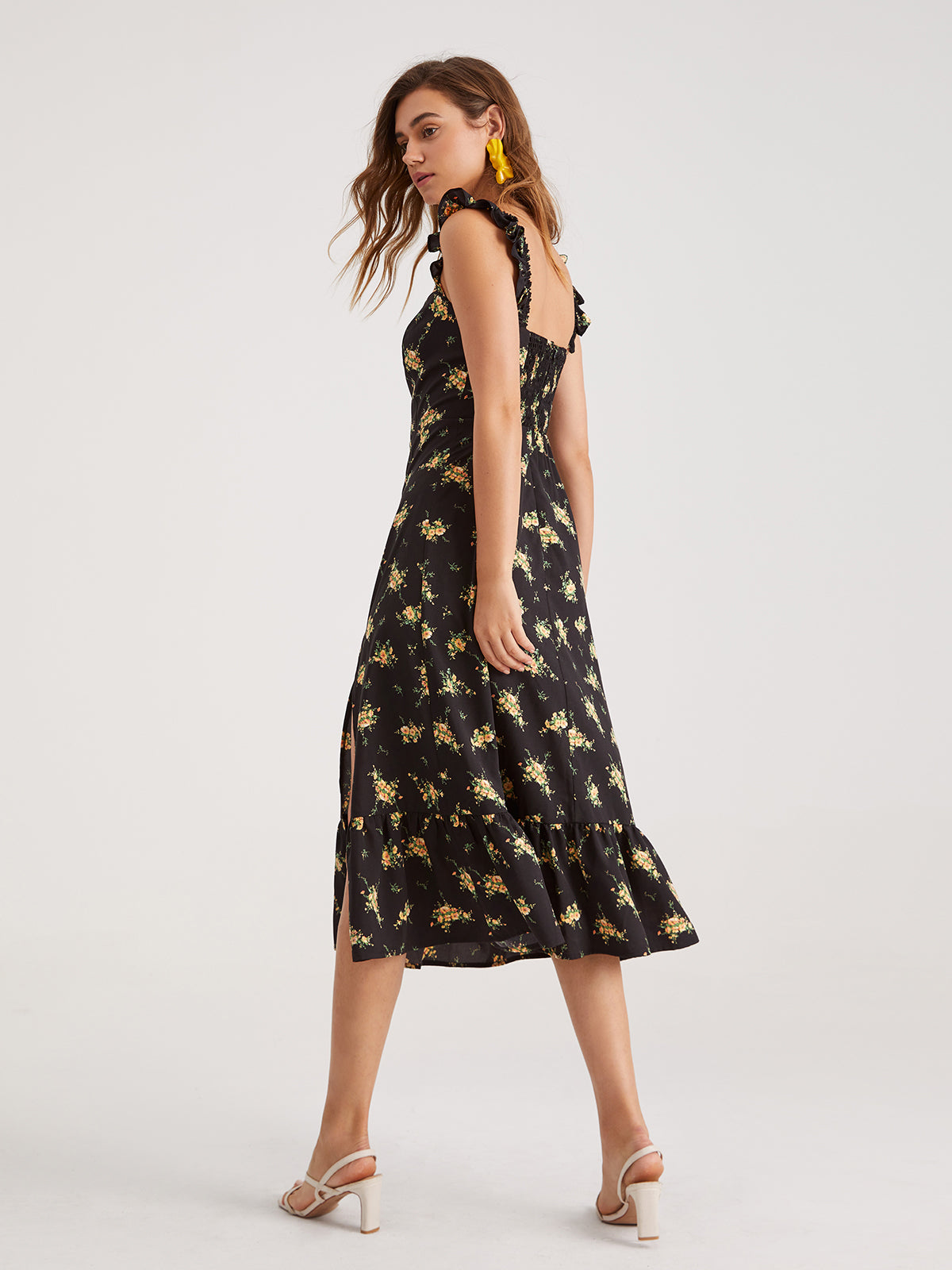 Square Neck Floral Ruffle Midi Dress