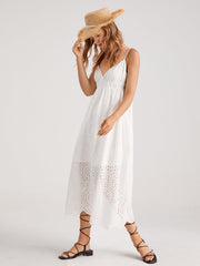 V-Neck Eyelet Shirred Maxi Dress