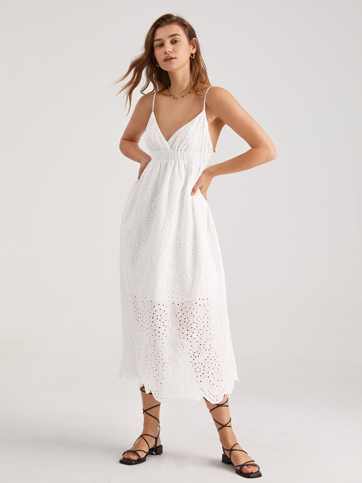 V-Neck Eyelet Shirred Maxi Dress