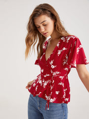 V-Neck Floral Wrap Tie Top