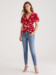 V-Neck Floral Wrap Tie Top