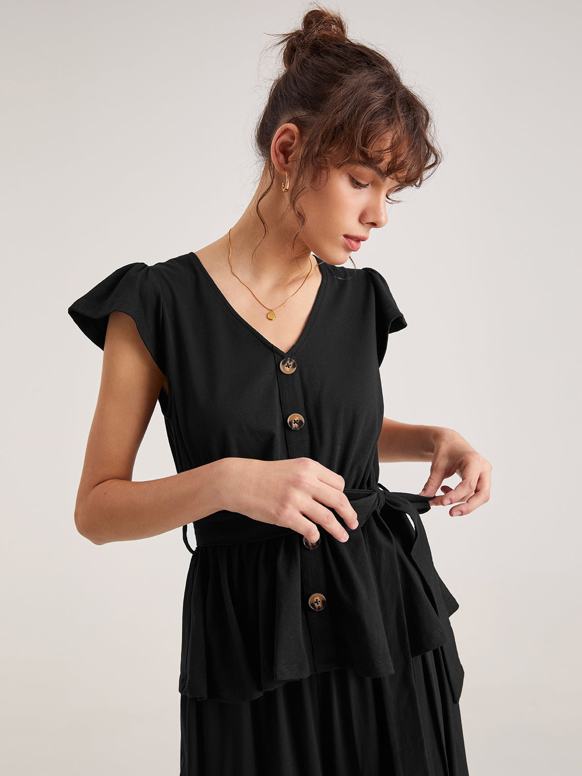 Cap Sleeve Plain Button V Neck Top