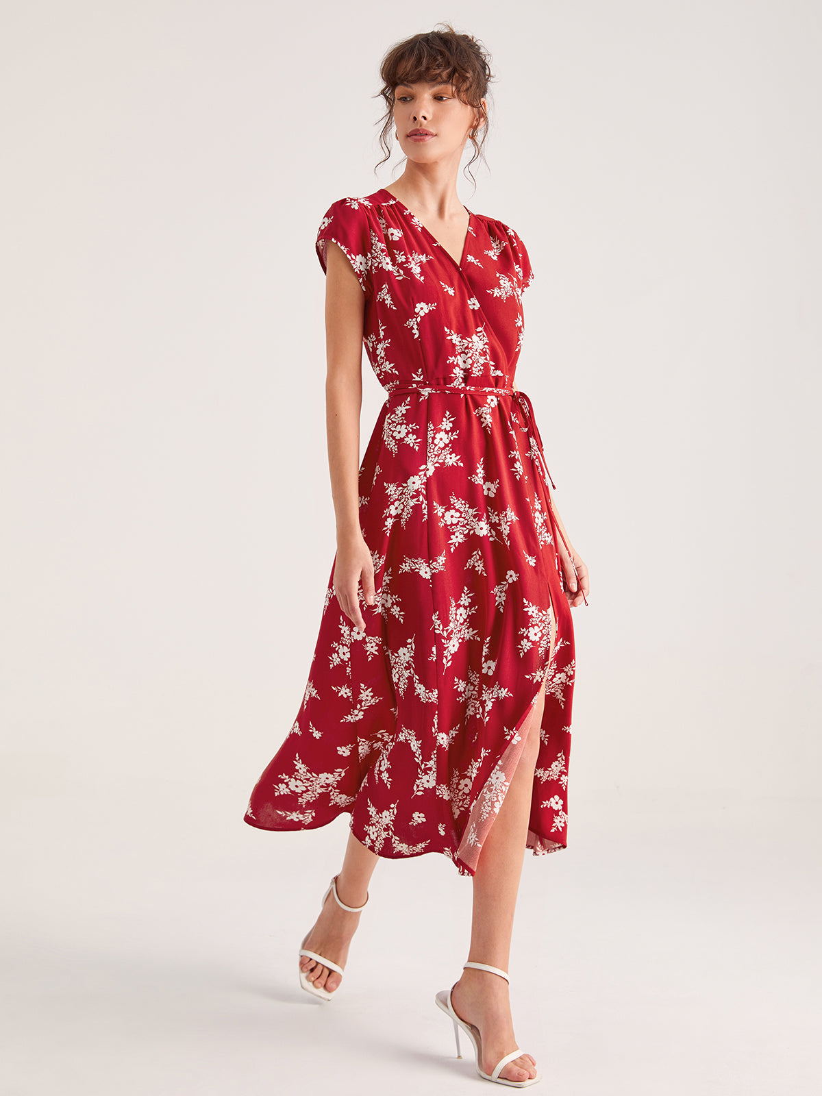 Ruby Balloon Floral Wrap Tie Front Midi Dress