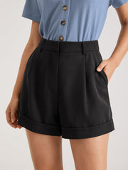 High Waisted Roll Up Hem Trouser Shorts