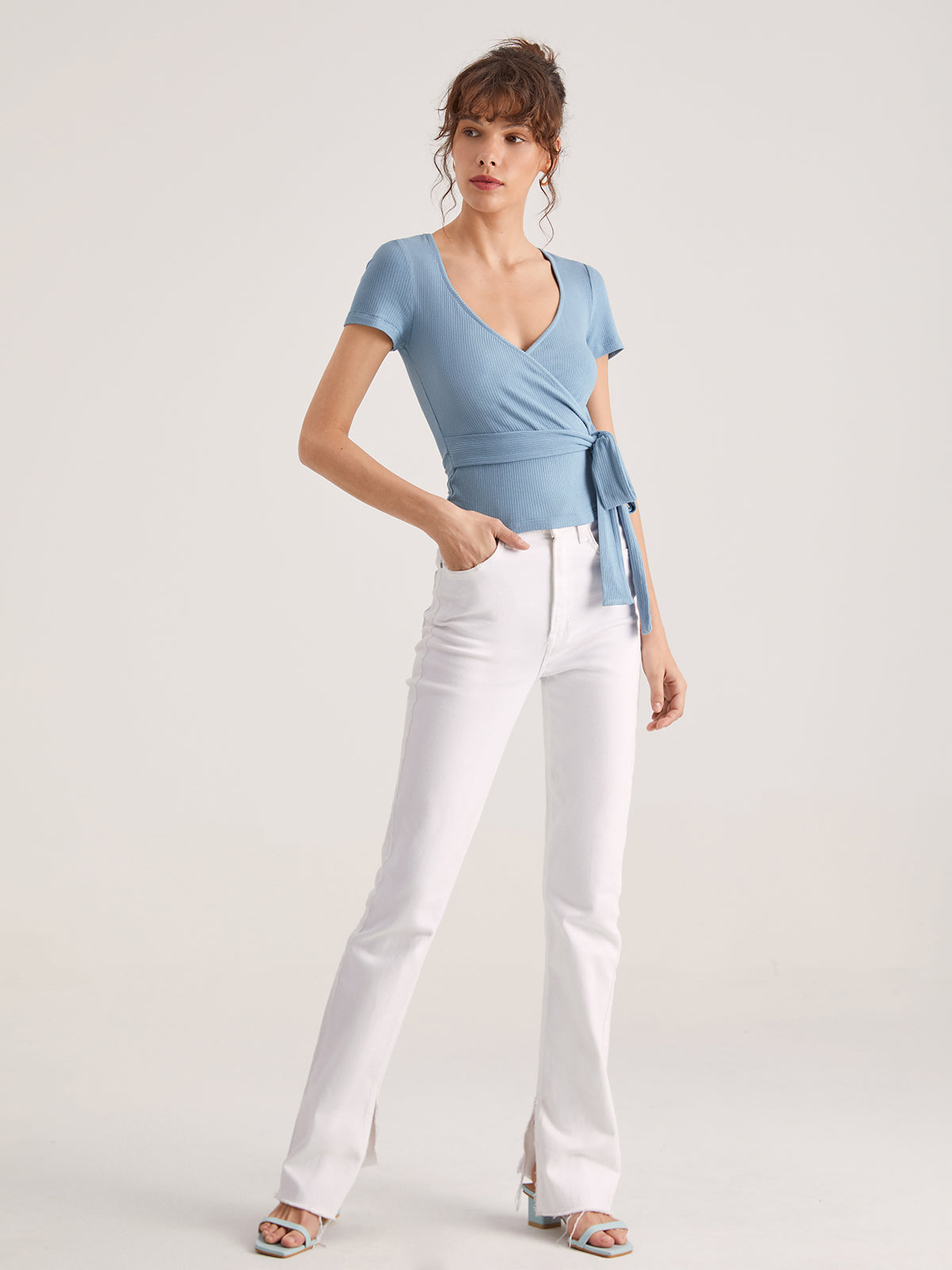 Basic Tie Ribbed Short Sleeve Top