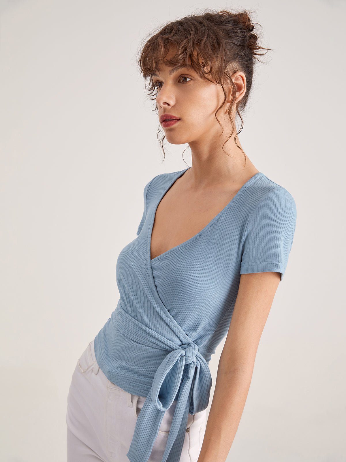 Basic Tie Ribbed Short Sleeve Top