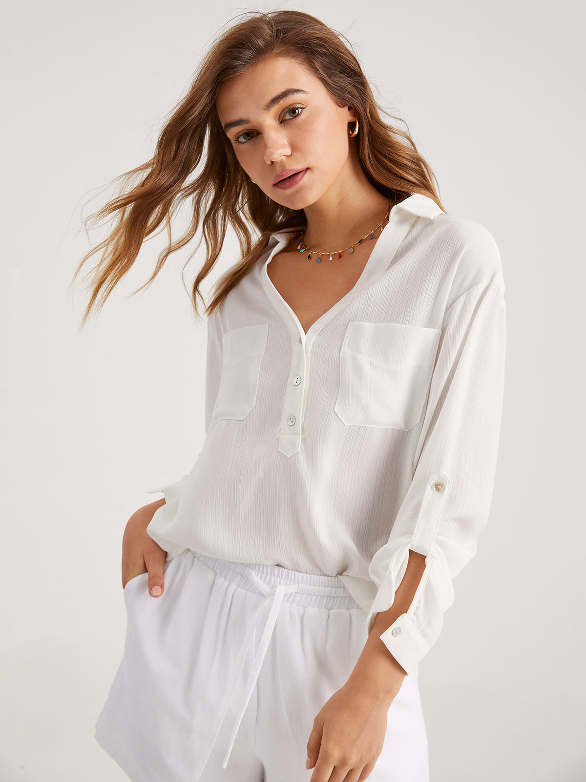 Solid Pocket Button Up Shirt