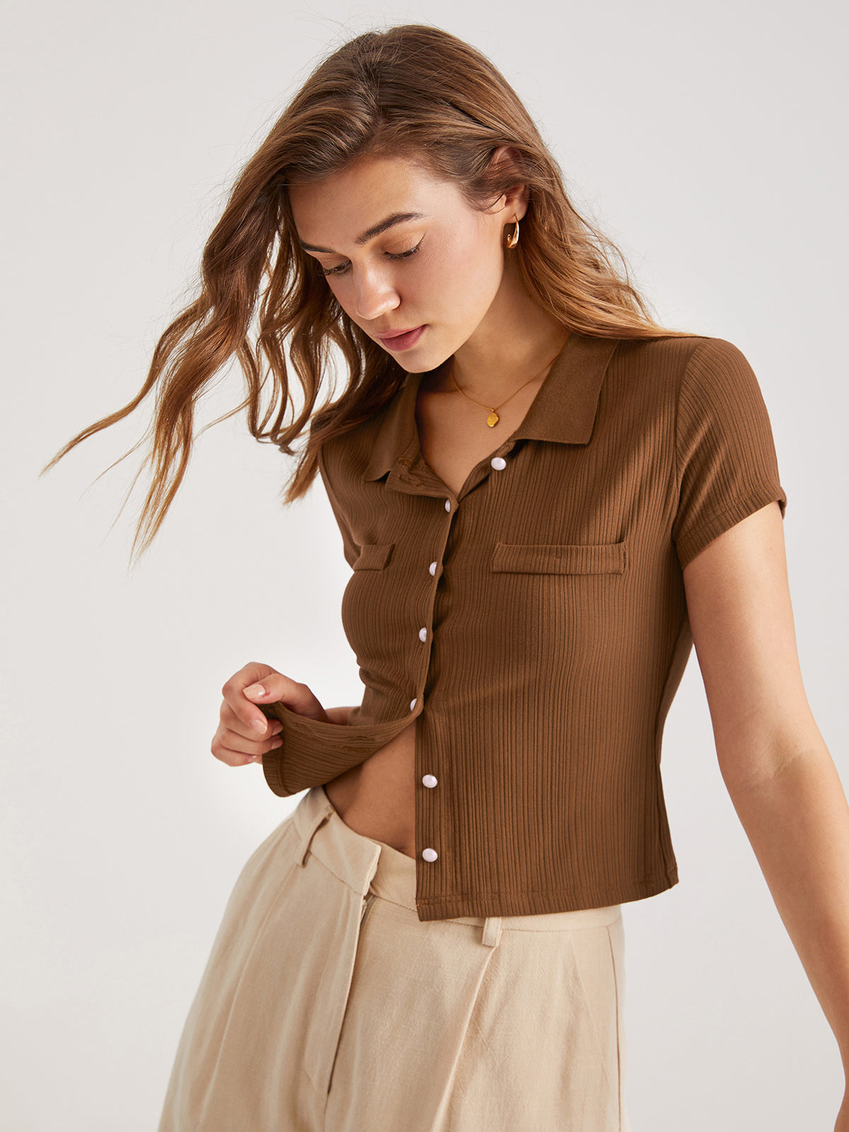 Collared Rib Button Up Short Sleeve Top