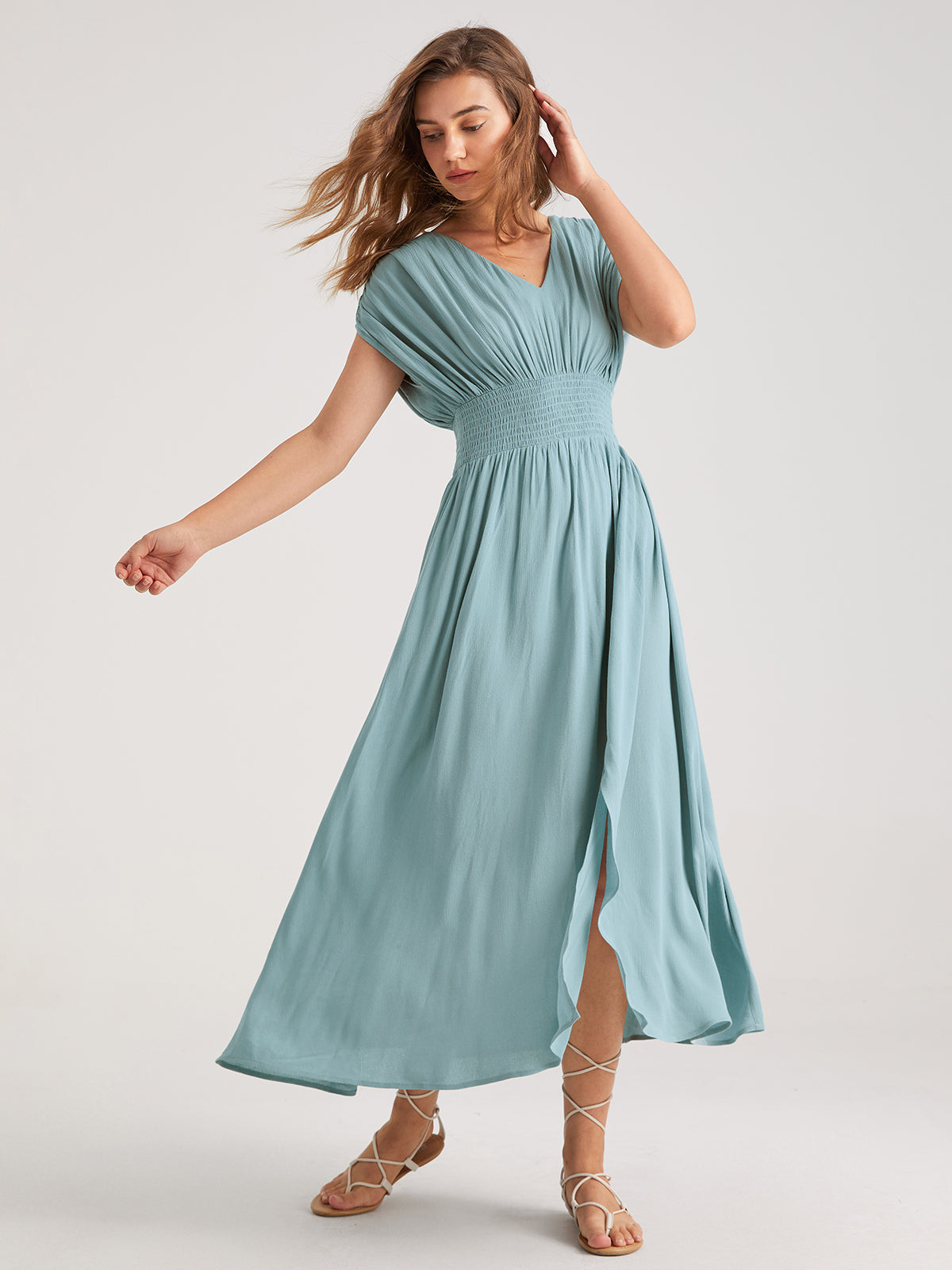 Solid Colored Shirred Slit Maxi Dress