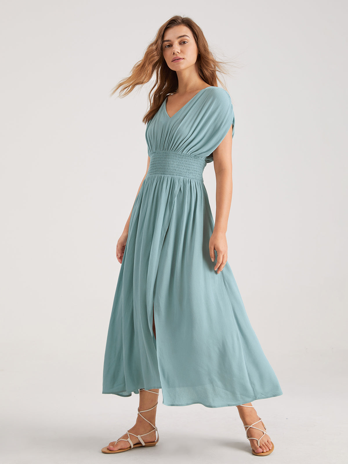 Solid Colored Shirred Slit Maxi Dress