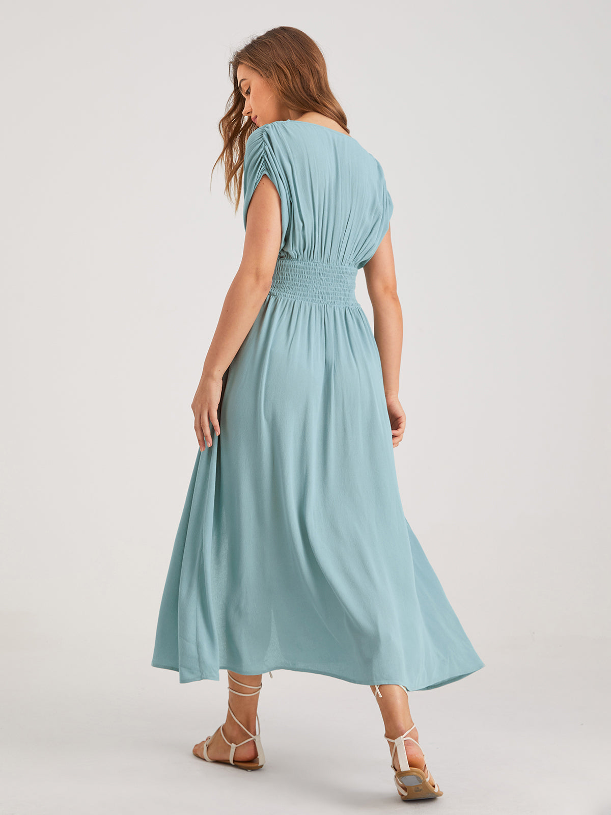 Solid Colored Shirred Slit Maxi Dress