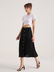 High Waisted Button Front Midi Skirt