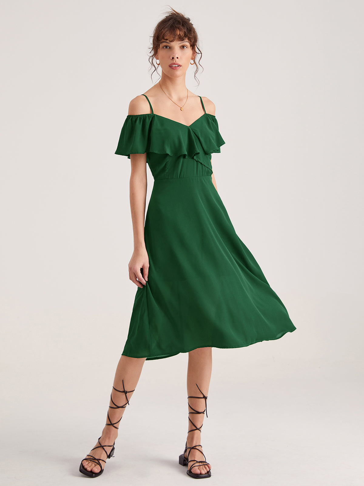 Emerald Green Strap Ruffle Midi Dress