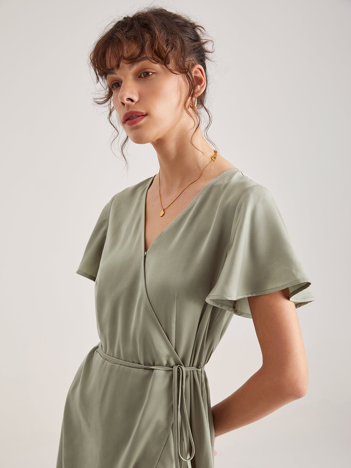 Flutter Sleeve Side Tie Wrap Midi Dress