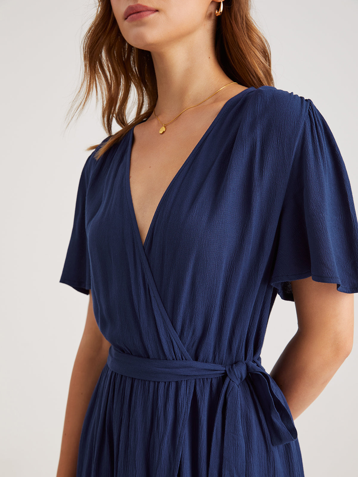 V-Neck Wrap Side Tie Midi Dress