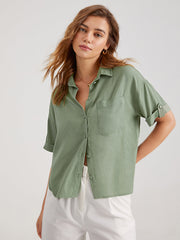 Folded Sleeve Relaxed Fit Button Up Shirt