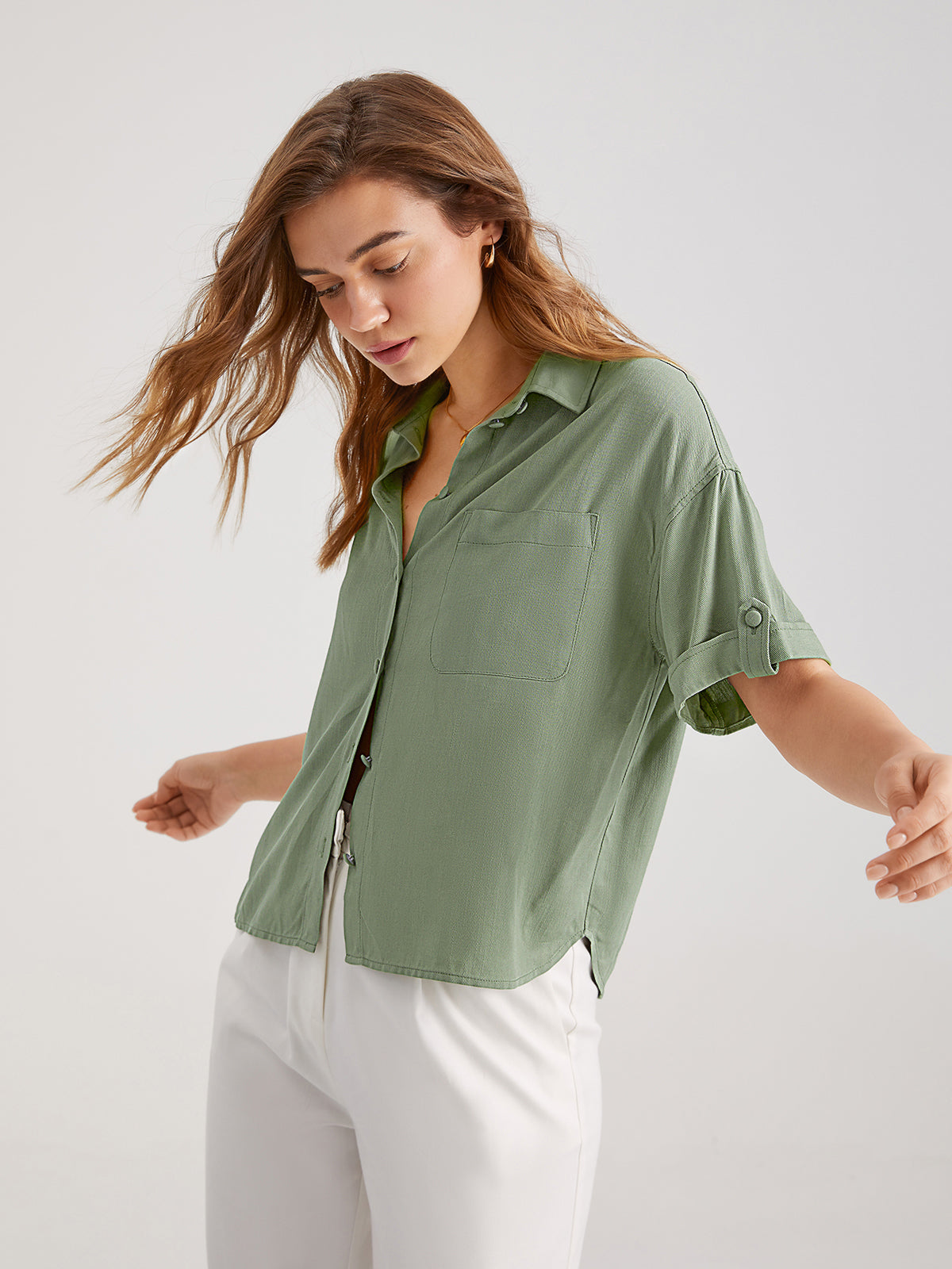 Folded Sleeve Relaxed Fit Button Up Shirt