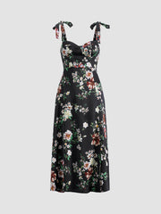 Contrast Floral Tie Strap Midi Dress