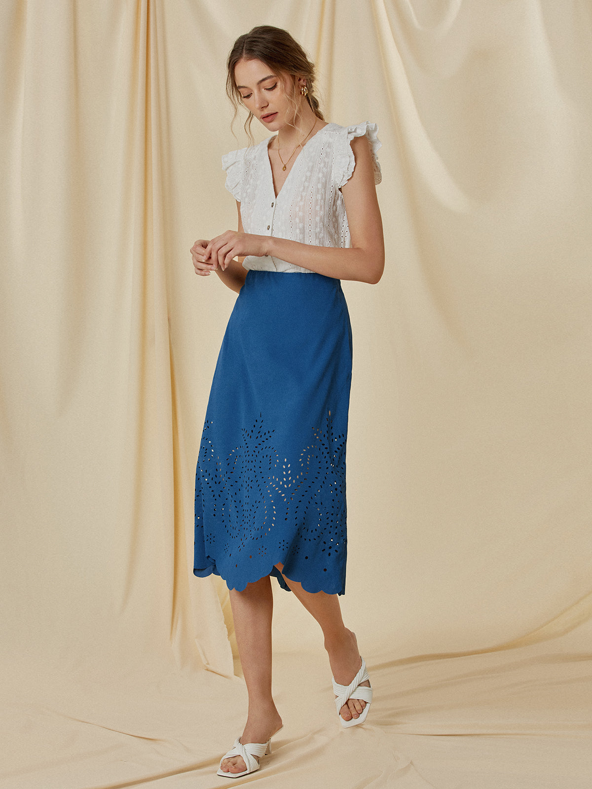 Eyelet High Waisted Midi Skirt