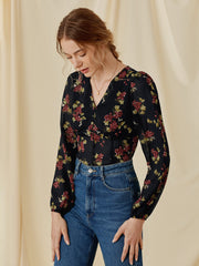 Cropped V-Neck Contrast Floral Top