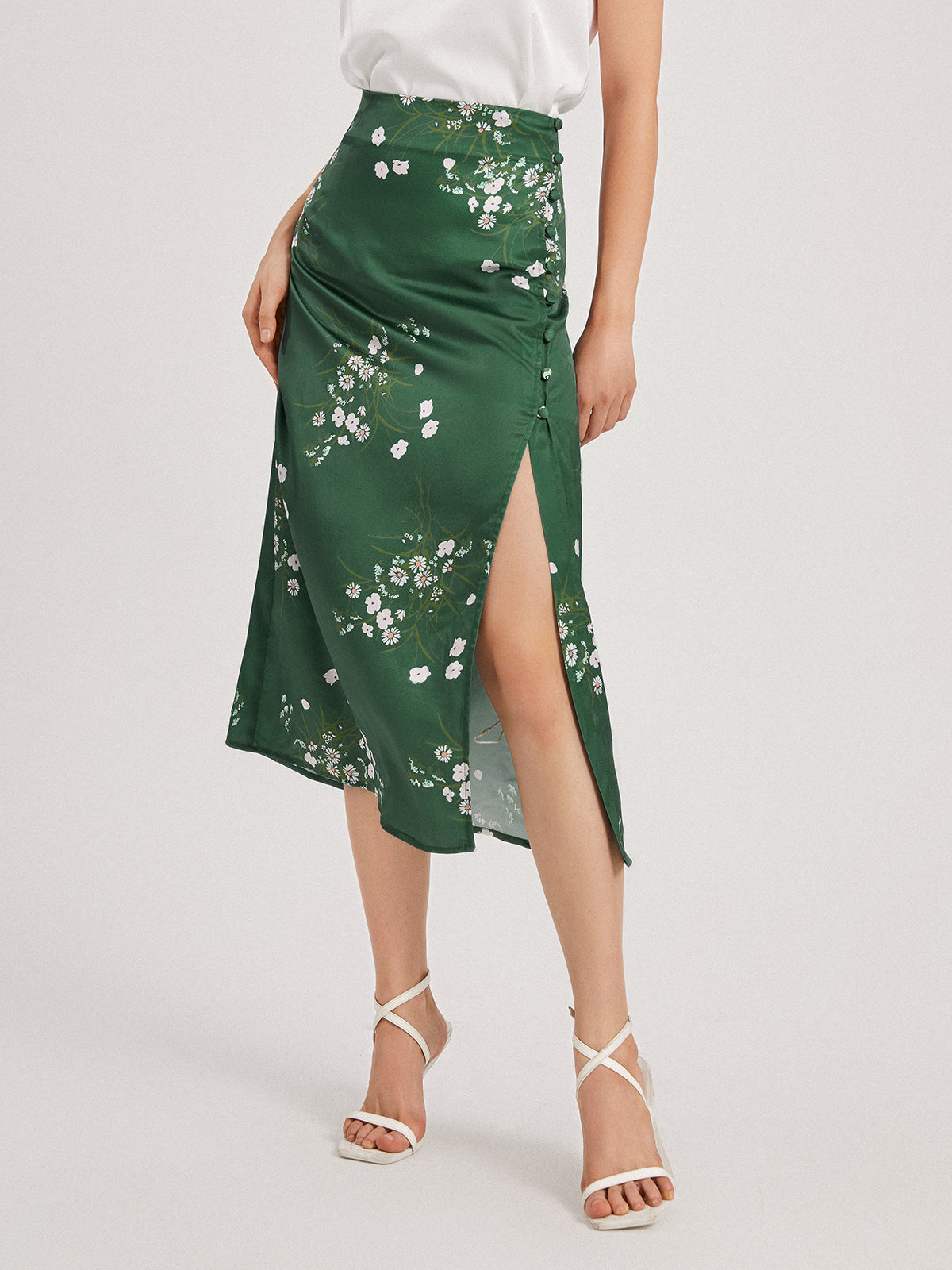 Floral Forest Emerald Green Satin Slit Skirt