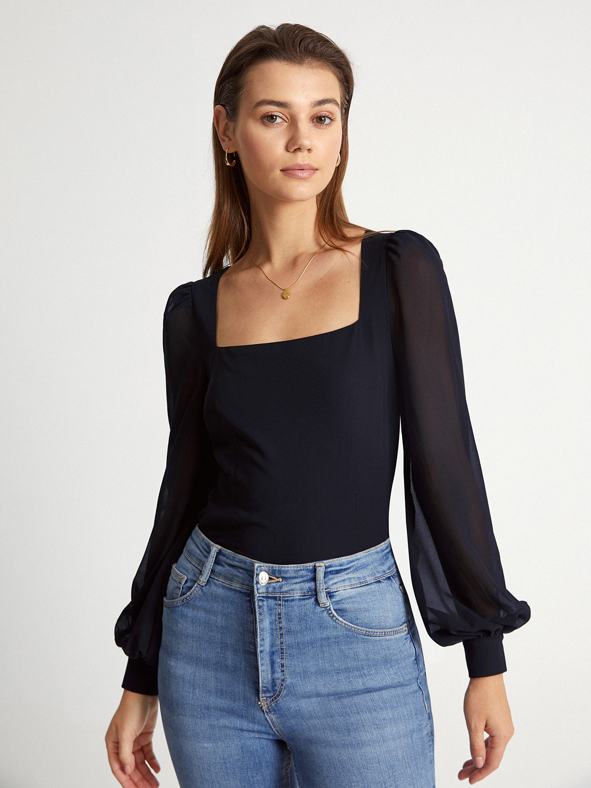 Mesh Puff Sleeve Square Neck Top