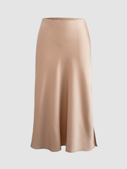 Creamy Cappuccino Satin Midi Skirt