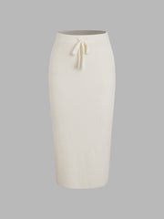 Ivory Glow Drawstring Ribbed Long Skirt