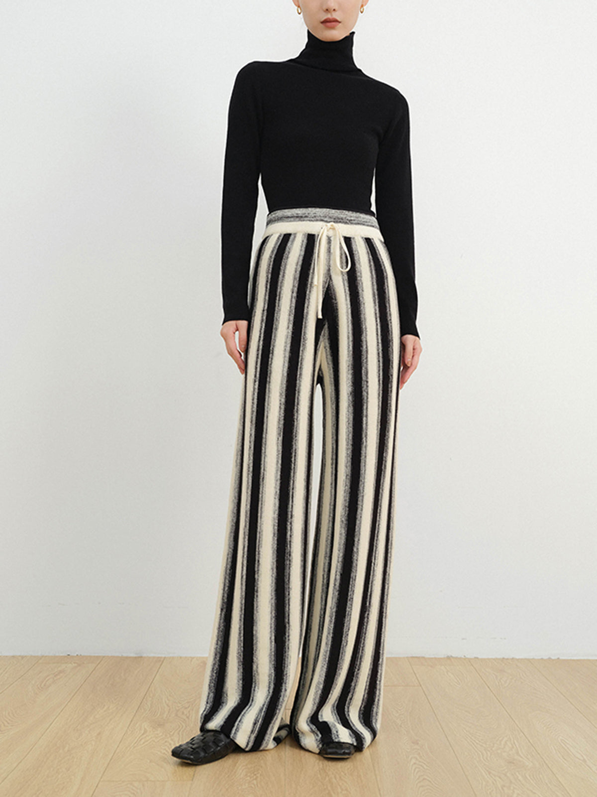 Stripe Drawstring Knitted Wide Leg Pants