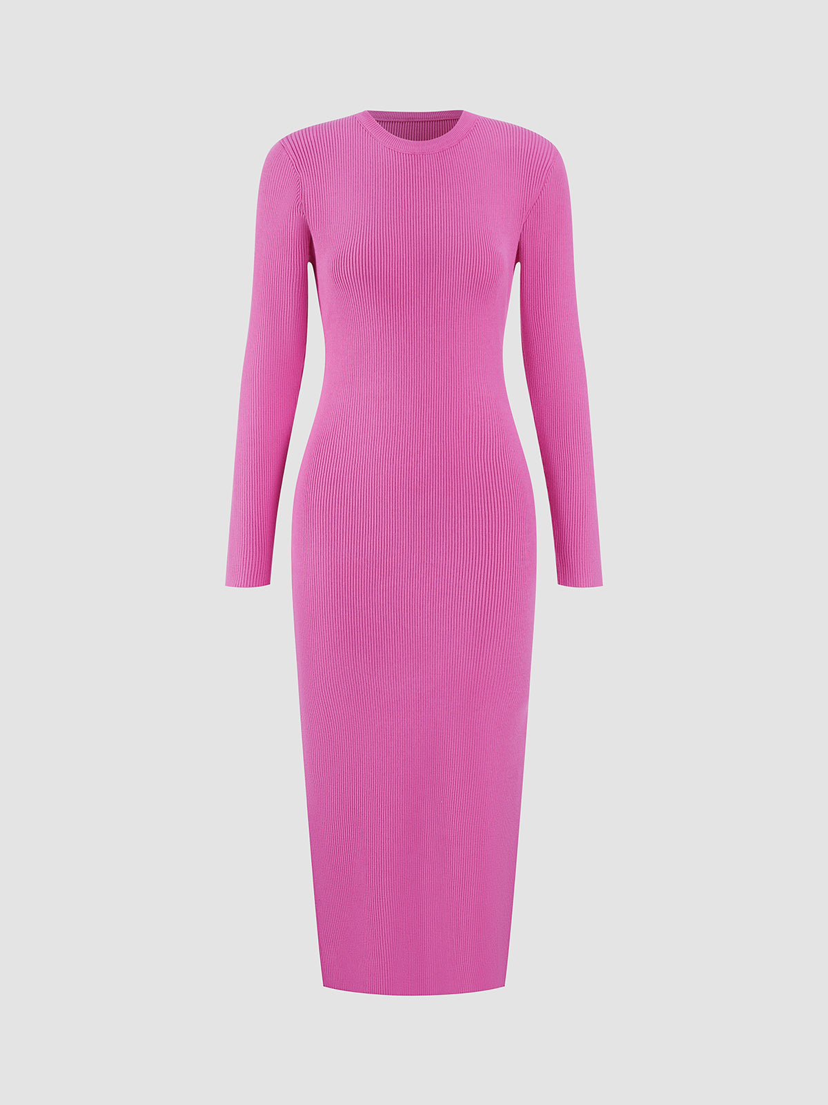 Pink Long Sleeve Rib Slit Midi Sweater Dress